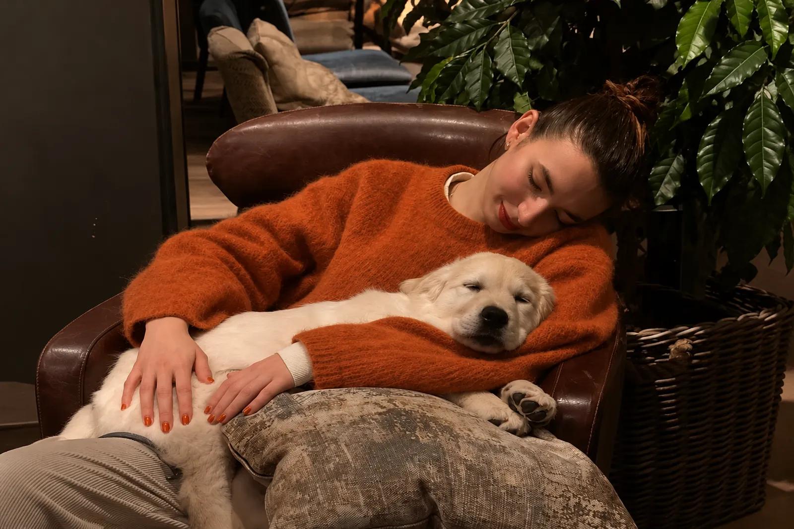 Una chica duerme en un sillón abrazando a su cachorro