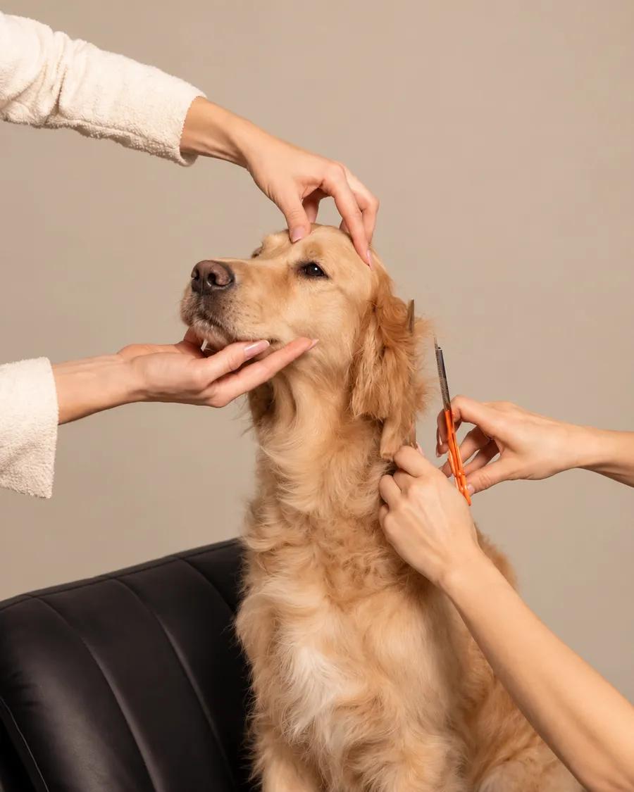 Manos de una peluquera cortando el pelo de un golden