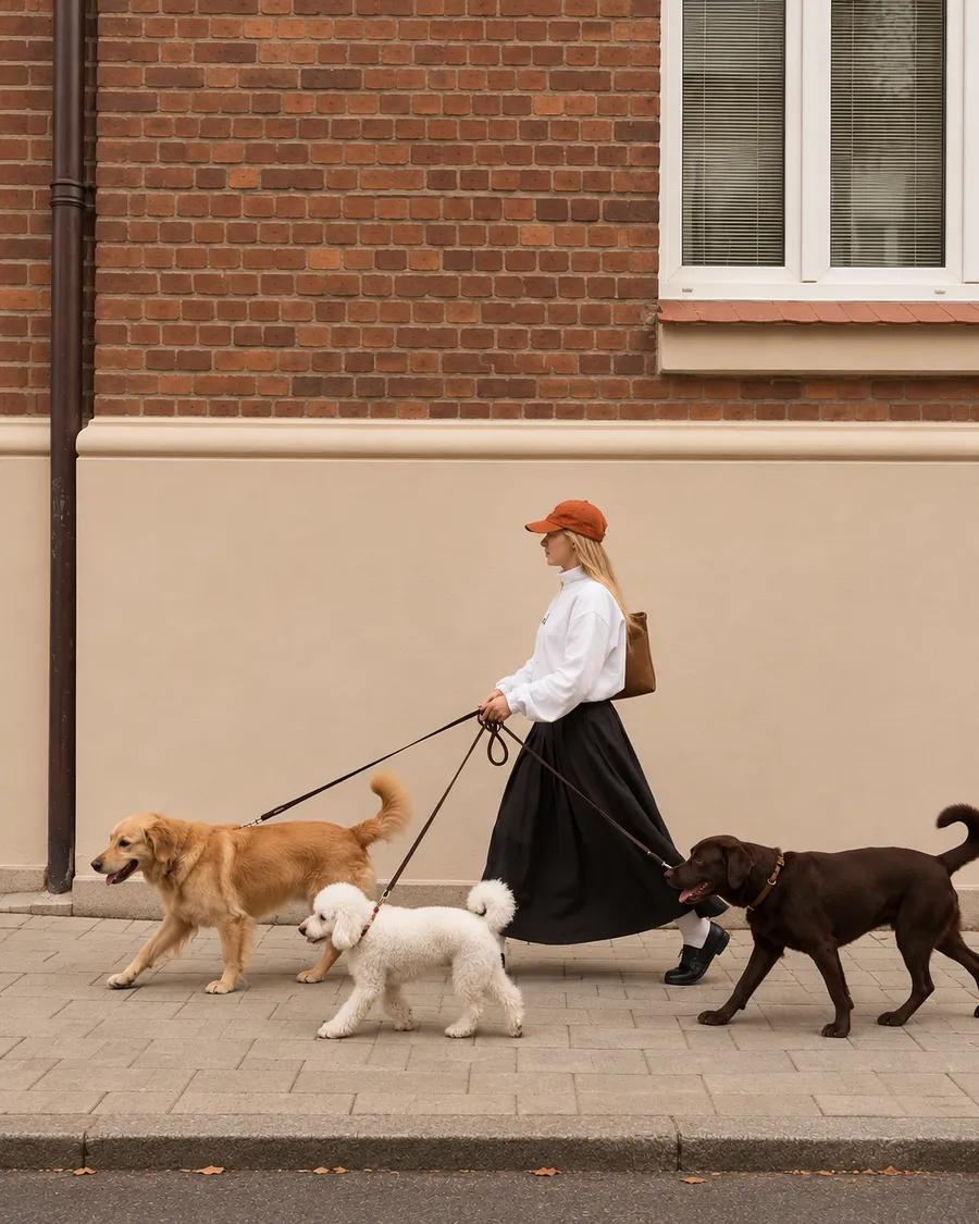 Una paseadora camina con tres perros por la vereda