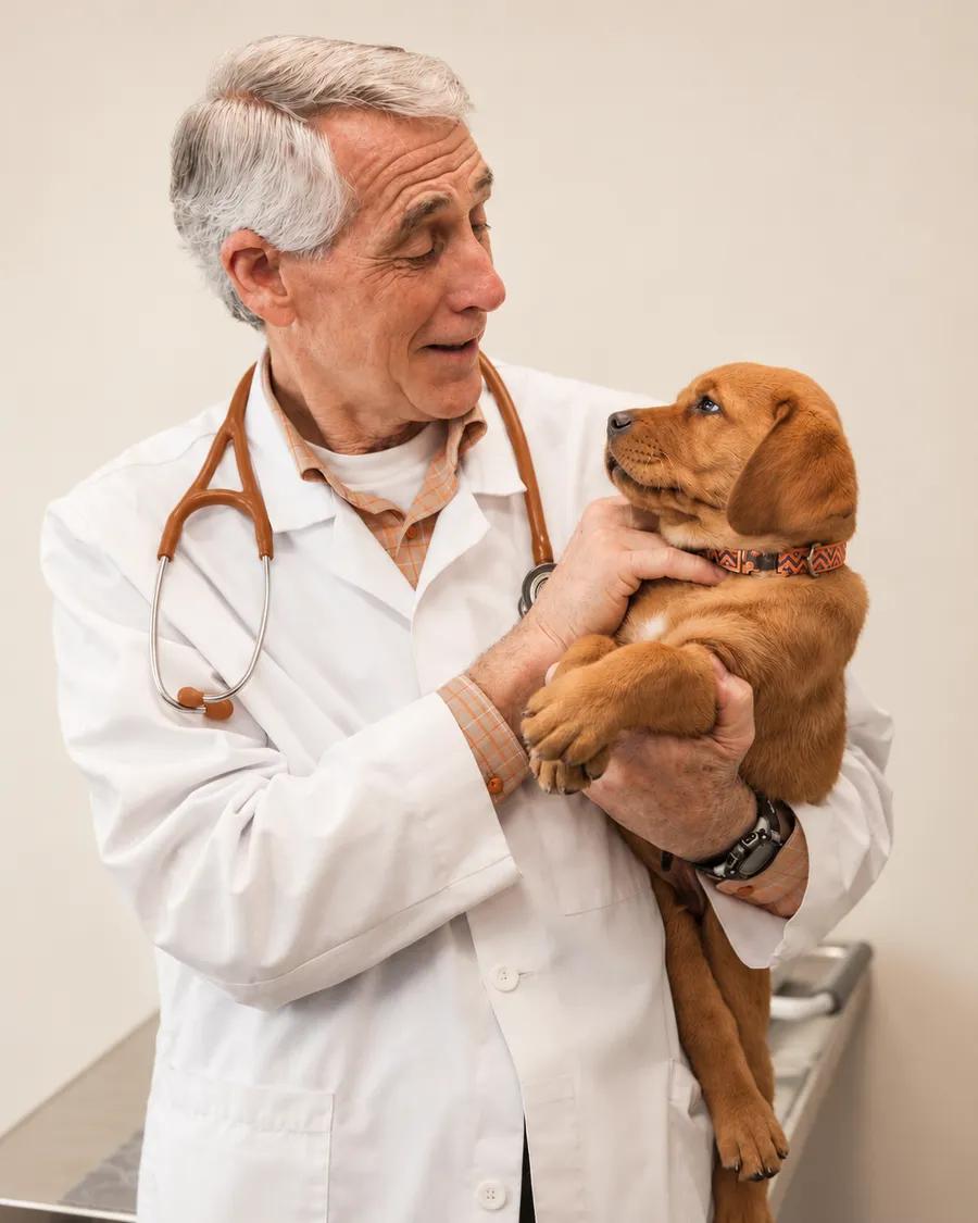 Un veterinario sostiene a un cachorro en el consultorio